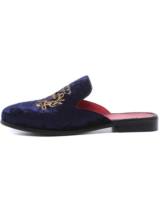 Men\'s Blue Rubber Velvet Patent Leather Crown Embroidery Slip On Loafer Slipper